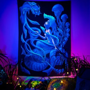 人魚の絵、妖精の UV 背景、サイケデリックな UV 背景、ヒッピーの室内装飾、難解な蛍光装飾、神聖な動物のタペストリー
