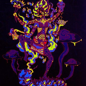 Arazzo con sfondo UV Arte psichedelica Dea Kali Arte murale psichedelica Visionario Indù UV Attivo Luce nera Paese delle meraviglie Meditazione Yoga sacro