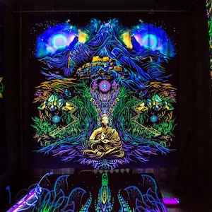 Psytrance Fluorescent UV Backdrop, Spiritual Art Painting, Festival Wall Hanging, Yoga Meditation Sacred Spiritual Deco, Trippy Neon Art