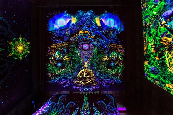 Psytrance Fluorescent UV Backdrop, Spiritual Art Painting