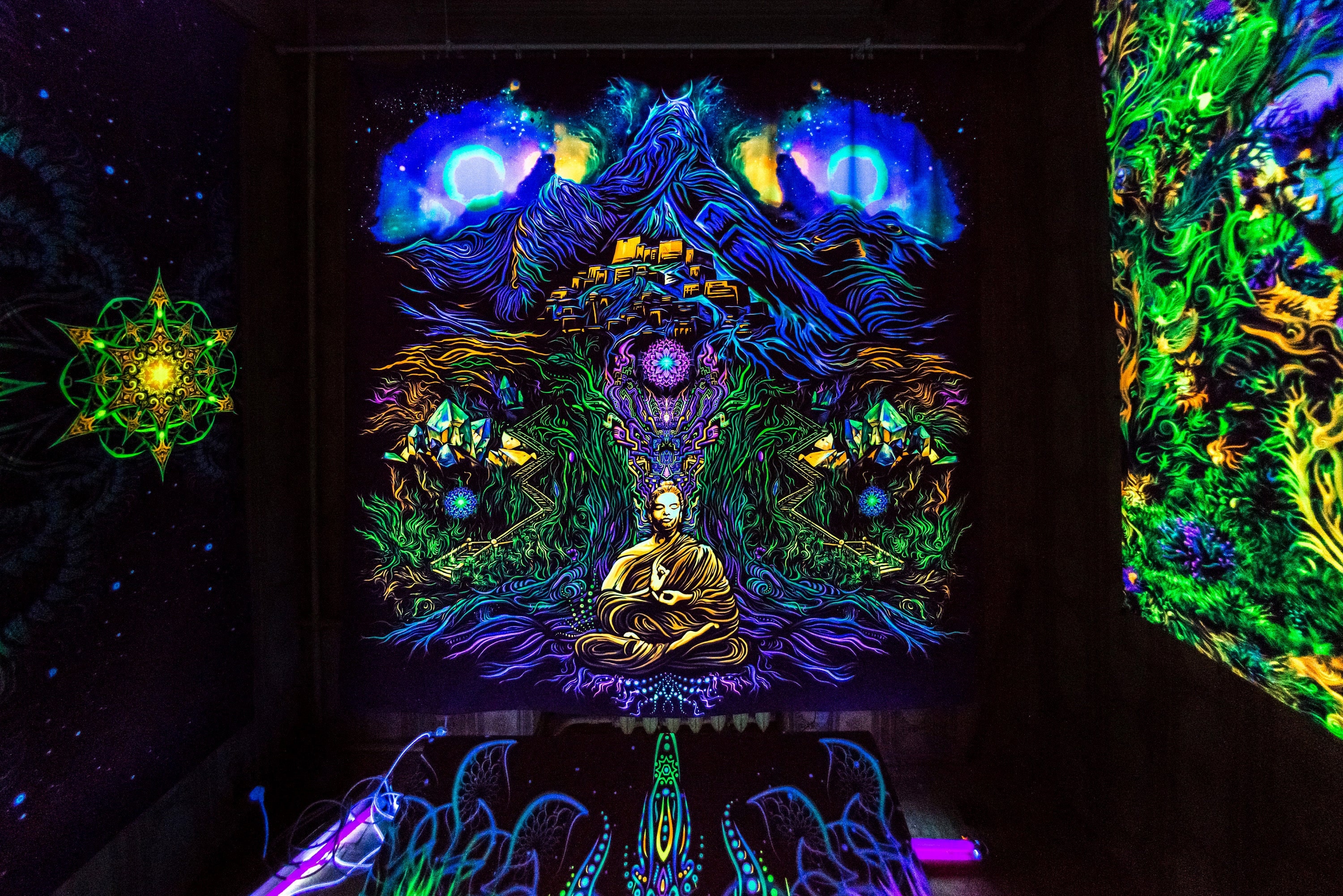 サイケトランス蛍光UV背景幕、スピリチュアルアート絵画