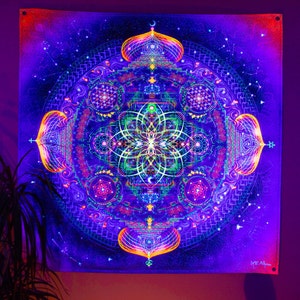 Psychedelic Tapestry UV Mandala Blacklight Esoteric Spiritual Trippy Backdrop Psytrance Wall Hanging Fractal Boho Meditation
