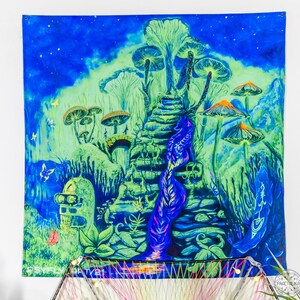 May include: A psychedelic tapestry featuring a glowing blue and green landscape with a winding path leading up a staircase. The path is lined with mushrooms and other plants. The tapestry has a vibrant, colorful design.