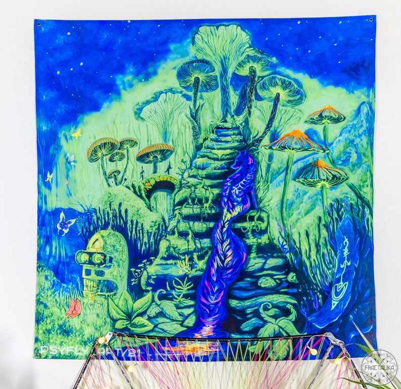 May include: A psychedelic tapestry featuring a glowing blue and green landscape with a winding path leading up a staircase. The path is lined with mushrooms and other plants. The tapestry has a vibrant, colorful design.