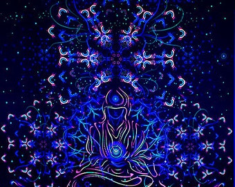 May include: Blacklight poster with a psychedelic design featuring a meditating figure surrounded by intricate patterns and glowing stars.