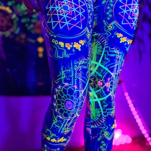 Rave Outfit Leggings, Rave Pants, Trippy Leggings, Sacred Geometry Clothing, UV Active Pants, Festival Outfit, Neon Wear, Psychedelic Style