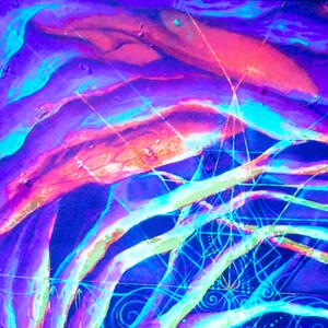 May include: Abstract painting with vibrant colors, including blue, purple, pink, and white. The painting features a series of curved lines and shapes, creating a sense of movement and energy.