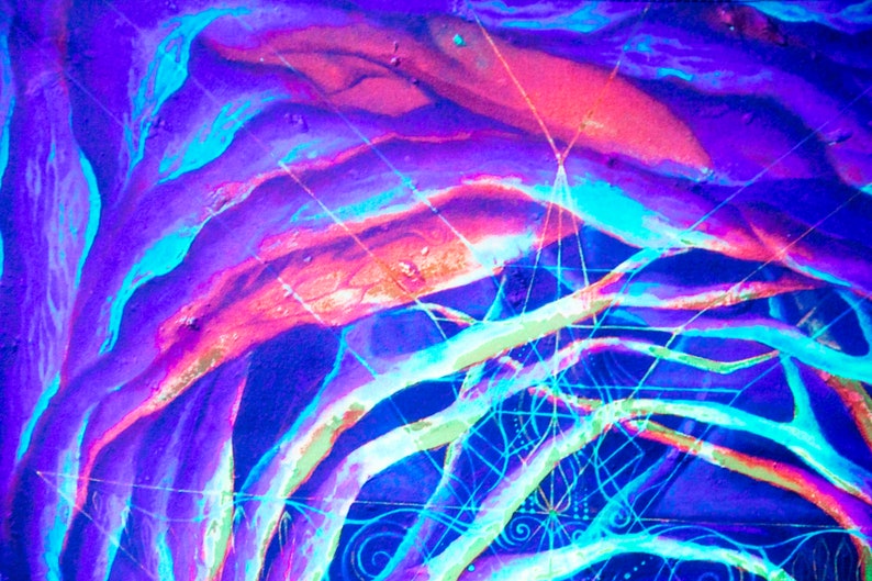 May include: Abstract painting with vibrant colors, including blue, purple, pink, and white. The painting features a series of curved lines and shapes, creating a sense of movement and energy.