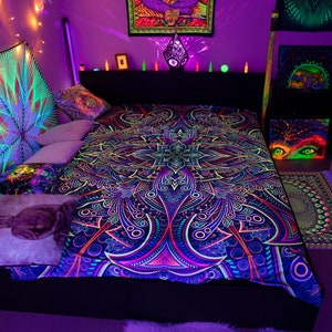 Picnic Blanket Hippie, Mandala UV Blanket, Trippy Blanket, Blacklight ...