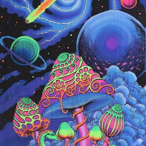 UV Backdrop Mushroom Tapestry Psytrance Art Blacklight Active Backdrop Trippy Wall Hanging Spiritual Artwork Hippie Wall Decor Neon Glow