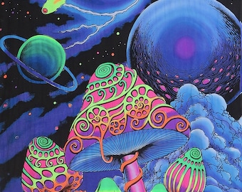 Tapiz de hongos con fondo UV, arte psytrance, luz negra, fondo activo, tapiz psicodélico, arte espiritual, decoración de pared hippie, brillo de neón
