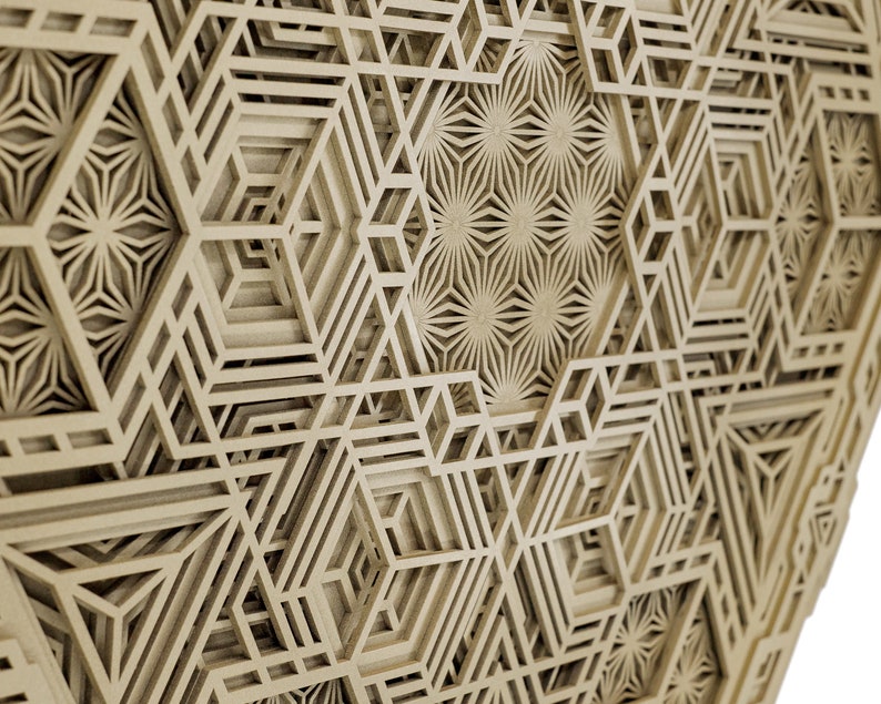 May include: A beige geometric pattern with a 3D effect, created by layering multiple layers of cut-out shapes. The pattern is made up of repeating hexagons and stars.