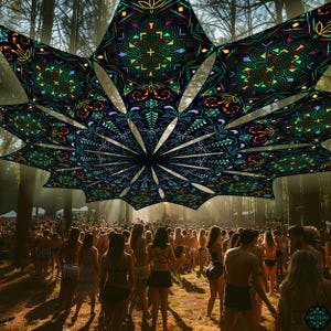 Psytrance Party Deco, Psychedelic Neon UV Active Ceiling Canopy, Open Air Fluorescent Decoration, DJ Stage Outdoor Blacklight Sunshade