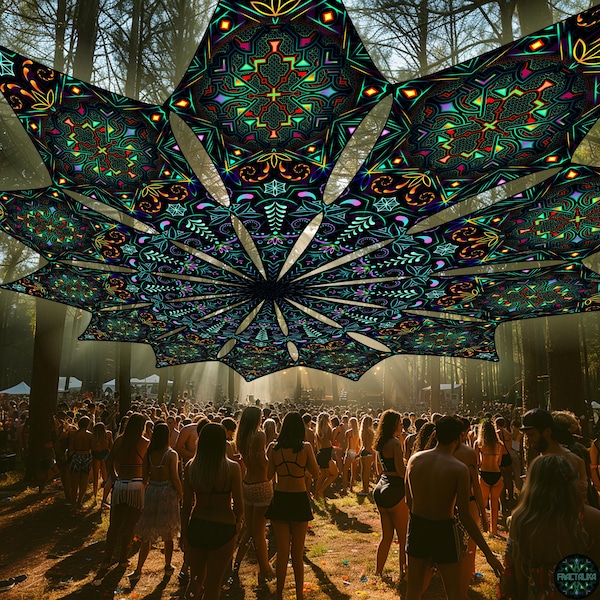 Psytrance Party Deco, psychedelische neon UV-actieve plafondluifel, fluorescerende openluchtdecoratie, DJ-podium Blacklight-zonnescherm buiten