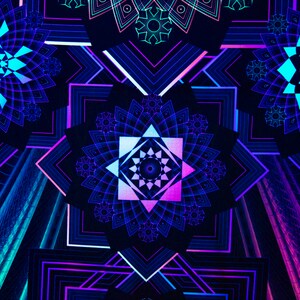 May include: Abstract digital art featuring geometric mandala designs in shades of blue, teal, and purple against a dark background. The symmetrical patterns create a vibrant, glowing effect, with sharp lines and intricate details.