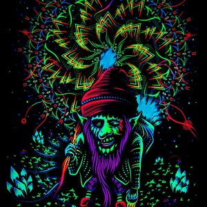Shamanic Trippy Blacklight Poster, Mushroom Tapestry Psychedelic Art, UV Fluorescent Backdrop, Neon Ultraviolet Wall Art, Hippie Room Decor