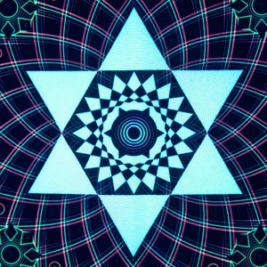 May include: Abstract digital art featuring a central light blue star shape with a checkered pattern, surrounded by a symmetrical design of lines and geometric shapes in shades of pink, green, and blue against a dark background.