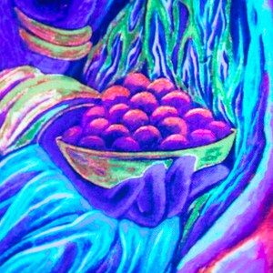 May include: A hand holding a bowl filled with purple and pink berries. The bowl is surrounded by blue and green foliage.