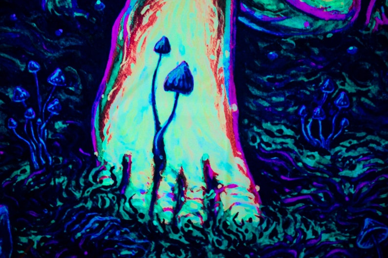 May include: A psychedelic painting with a glowing, neon-colored foot and mushrooms in a dark blue and green background.