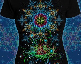 Glow Mandala Psytrance Women T-Shirt, Cotton Fluorescent Tee, UV Reactive, Psychedelic Visionary Art Print, Fractal Wear, Mandala Tee