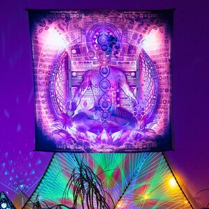 Blacklight Trippy Decor, Yoga Meditation Tapestry, Spiritual Room Deco, Bohemian Home Decor, Psychedelic UV Art, Yoga Home Deco
