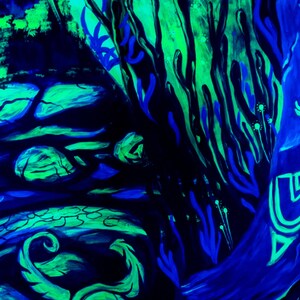 May include: Abstract painting with a blue and green color scheme. The painting features a variety of shapes and lines, including swirls, waves, and branches. The painting is done in a style that is reminiscent of nature.