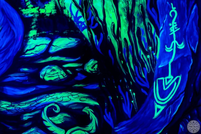 May include: Abstract painting with a blue and green color scheme. The painting features a variety of shapes and lines, including swirls, waves, and branches. The painting is done in a style that is reminiscent of nature.