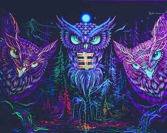 Psychedelischer Wandteppich, UV Trippy Hintergrund, Fluoreszierende Deko, Psyart Poster, Trippy Banner, Visionäre Wandkunst, Eule, UV-reaktiv