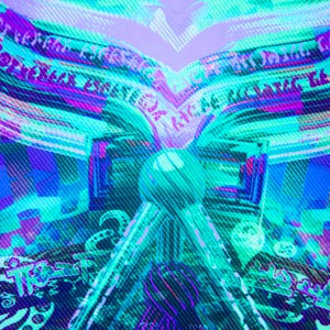 May include: Abstract digital art with a blue, purple, and green color scheme. The image features a repeating pattern of lines and shapes, creating a sense of depth and movement. The text "Ghost Version" is visible in the upper left corner of the image.