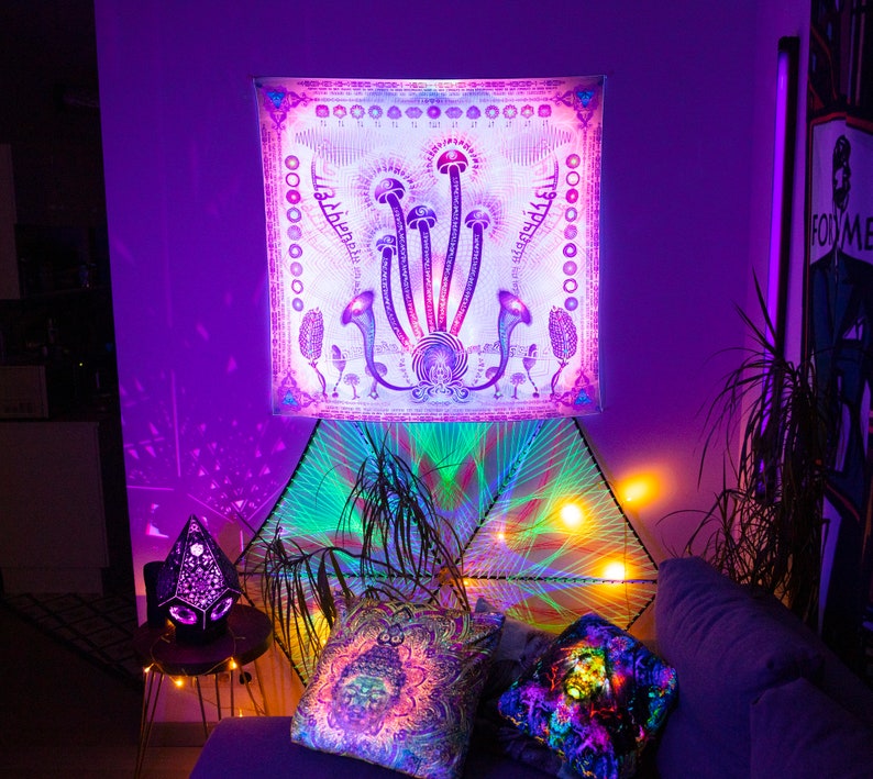 Puede incluir: Un tapiz con un dise&ntilde;o psicod&eacute;lico que presenta hongos y el texto "Shroom Queens". El tapiz est&aacute; colgado en una pared con una luz morada y verde brillando sobre &eacute;l.