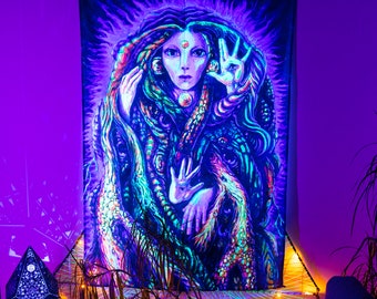 Hippie Room Deco, Esoteric Art, Psychedelic Backdrop, Trippy Gobelin, Fantasy Blacklight Art, Fluorescent Gobelin, Mystical Art, Yoga Gift