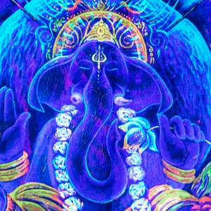 May include: A blue and green painting of the Hindu deity Ganesha, an elephant-headed god, with a floral garland around his neck. The painting is done in a psychedelic style with bright colors and swirling patterns.