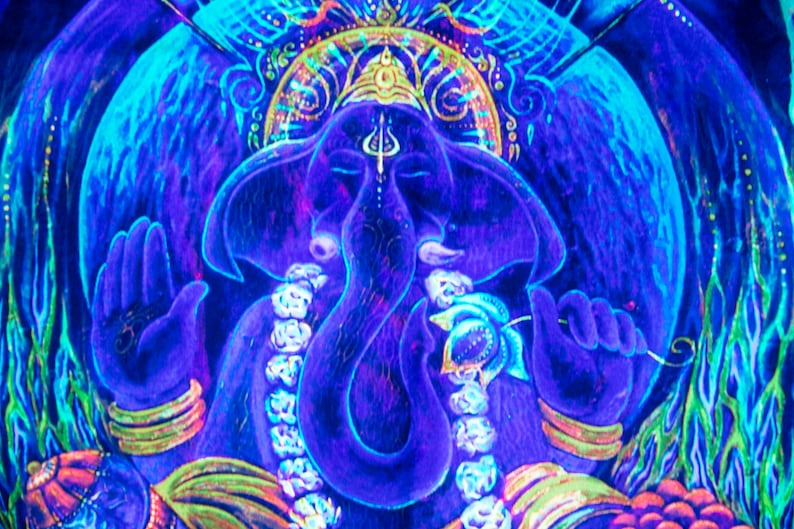 May include: A blue and green painting of the Hindu deity Ganesha, an elephant-headed god, with a floral garland around his neck. The painting is done in a psychedelic style with bright colors and swirling patterns.