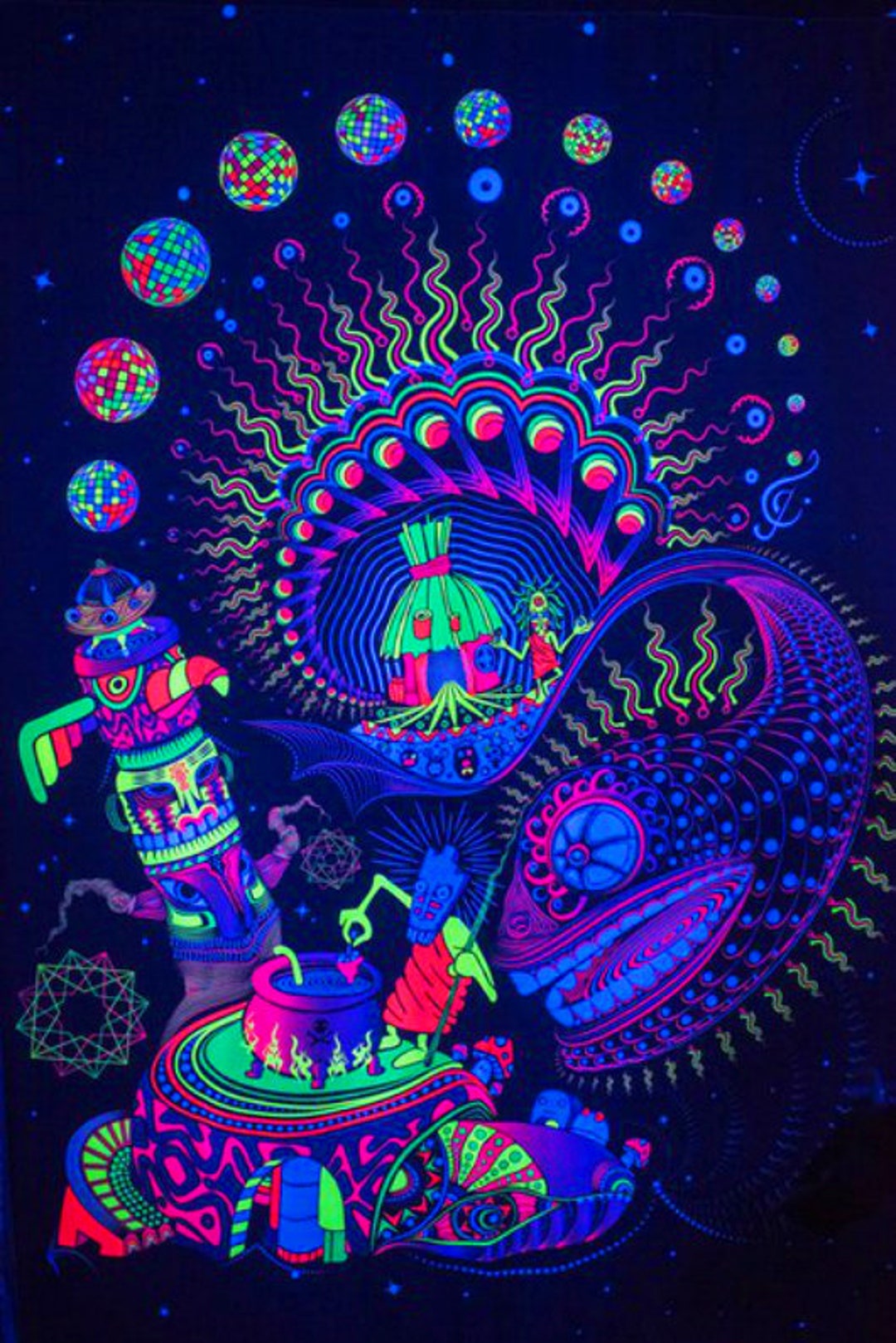 Psychic Reader YOKOオリジナルワイヤーアートピアス芳香剤×3 Psychedelic Tapestry Ayahuasca Fluorescent Print Fabric Backdrop