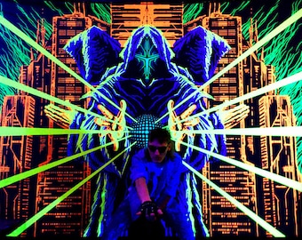 Ultraviolet Cyberpunk Backdrop,  Postapocalypse Darksynth Sythpop Poster, Retrowave Blacklight Active UV Fluorescent Banner, Neon Tapestry