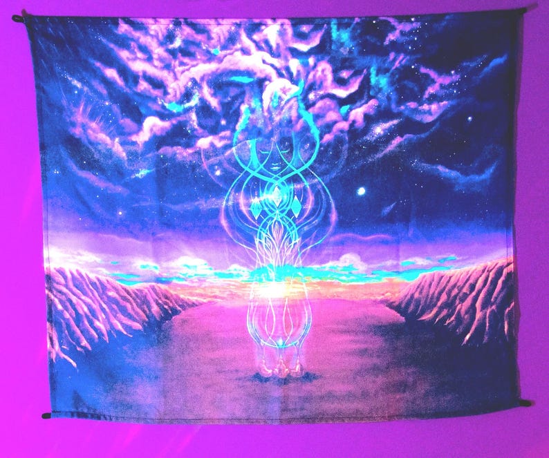 Fondo visionario, tapiz de yoga, fondo psicodélico UV, arte de meditación, decoración espiritual, gobelino fluorescente, arte místico, regalo de yoga imagen 1