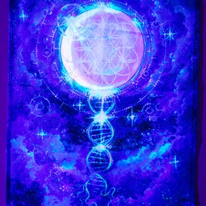 May include: A blacklight tapestry with a white glowing design of a flower of life, a DNA strand, and stars on a blue background.