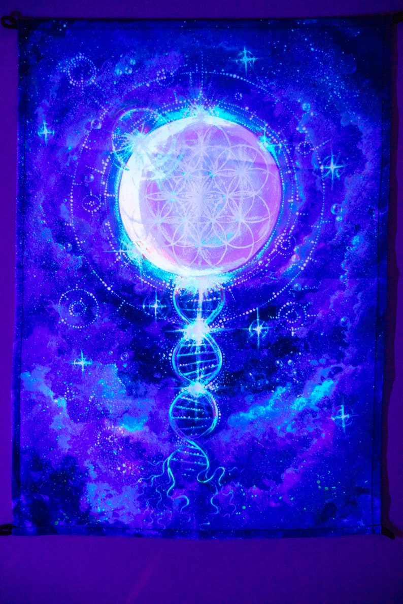 May include: A blacklight tapestry with a white glowing design of a flower of life, a DNA strand, and stars on a blue background.
