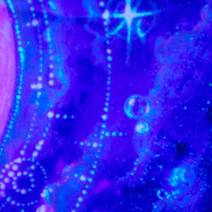 May include: Abstract painting with a blue and purple background. The painting features white dots and a white star shape in the upper right corner.