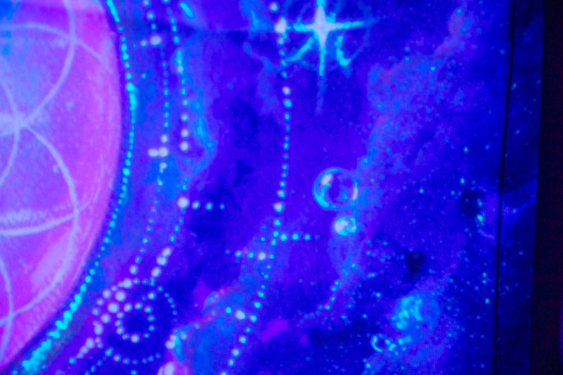 May include: Abstract painting with a blue and purple background. The painting features white dots and a white star shape in the upper right corner.