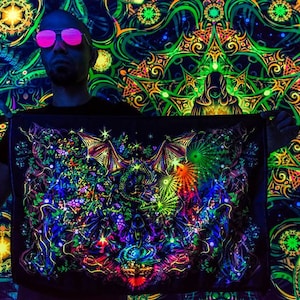 Psychedelic Wall tapestry, Blacklight Art Nature UV Fluorescent Glow Psyart, Trippy Visionary Tapestry, Tea Ceremony Backdrop, Psytrance