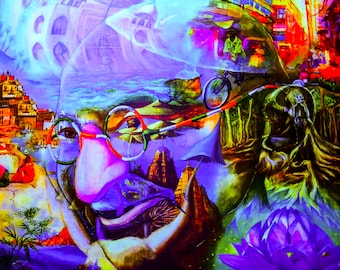 Tapiz de hongos, arte mural con luz ultravioleta, arte con luz negra, tapiz de neón, tapiz de festival, arte mural psicodélico, arte espiritual