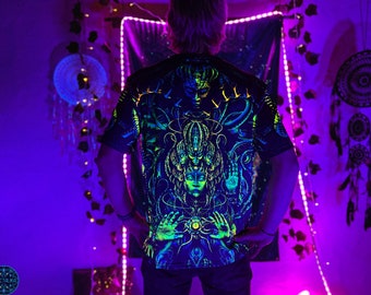 Blacklight Fluorescent Shirt, UV Active Clothing, Ultraviolet Active Tee, Festival Wear, Man Rave Outfit, Fractal Trippy T-Shirt