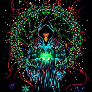 Psychedelic Wall-hanging Tapestry, Blacklight Backdrop, Trippy banner, UV active, Trippy Deco, Mushroom Wall Art, Fluorescent Gobelin