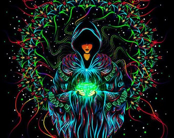 May include: A hooded figure with glowing eyes holds a glowing orb in their hands. The figure is surrounded by a swirling pattern of green, blue, and red lines and dots on a black background.