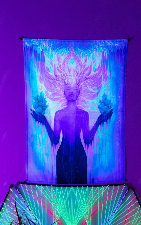 Surreal Art Tapestry, Nature UV Painting, Spiritual Home Deco, Fluorescent Gobelin, Meditation Home Deco, Unique Gift, Mystical Art