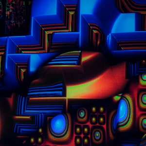 May include: Abstract digital artwork featuring a geometric pattern in shades of blue, red, and green. The design incorporates overlapping shapes and lines, creating a sense of depth and movement.