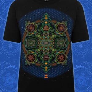 Sacred Geometry Black T-Shirt For Women, UV Reactive Mandala Tee, Psytrance Party Outfit, UV Active Wear, Psychedelic Style, Gift for Her