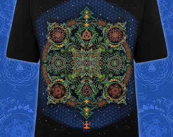 Sacred Geometry Black T-Shirt For Women, UV Reactive Mandala Tee, Psytrance Party Outfit, UV Active Wear, Psychedelic Style, Gift for Her