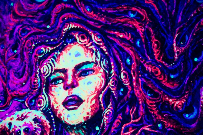 May include: A psychedelic painting of a woman's face with swirling, colorful hair. The woman's eyes are blue and her lips are purple. The background is a mix of pink, purple, and blue.